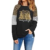 OCURHU Long Sleeve Christmas Shirts for Women Merry Christmas Leopard Striped T-Shirt Xmas Graphic Holiday Tops