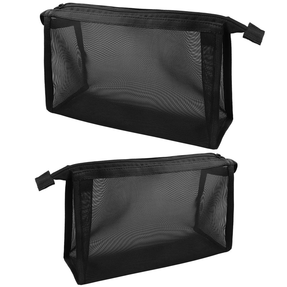 2pcs Mesh Cosmetic Bag Black Makeup Pouches Mesh Makeup Bags with Zipper for Office Travel Makeup (27.5 * 17cm, 23.5 * 13cm)