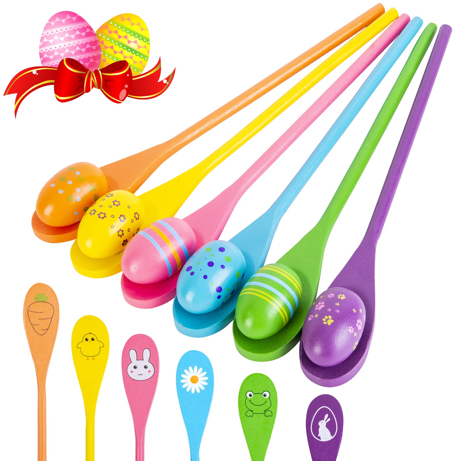 LYUBASA 12PCS Easter Egg and Spoon Race Game Set,6 Players, Easter Party Favor for Kids and Family Activity Lawn Games Party Supplies Outdoor Fun Games, Classroom Activities Easter Games