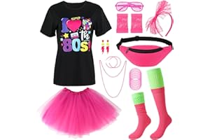 ZhouBoat 80s Outfit for Women, 80s Women Costume Accessories Set T Shirt Neon Slouch Socks Tutu Skirt 80s Fanny Pack Headband Earring Necklace for Halloween Cosplay Retro Theme Party, Medium