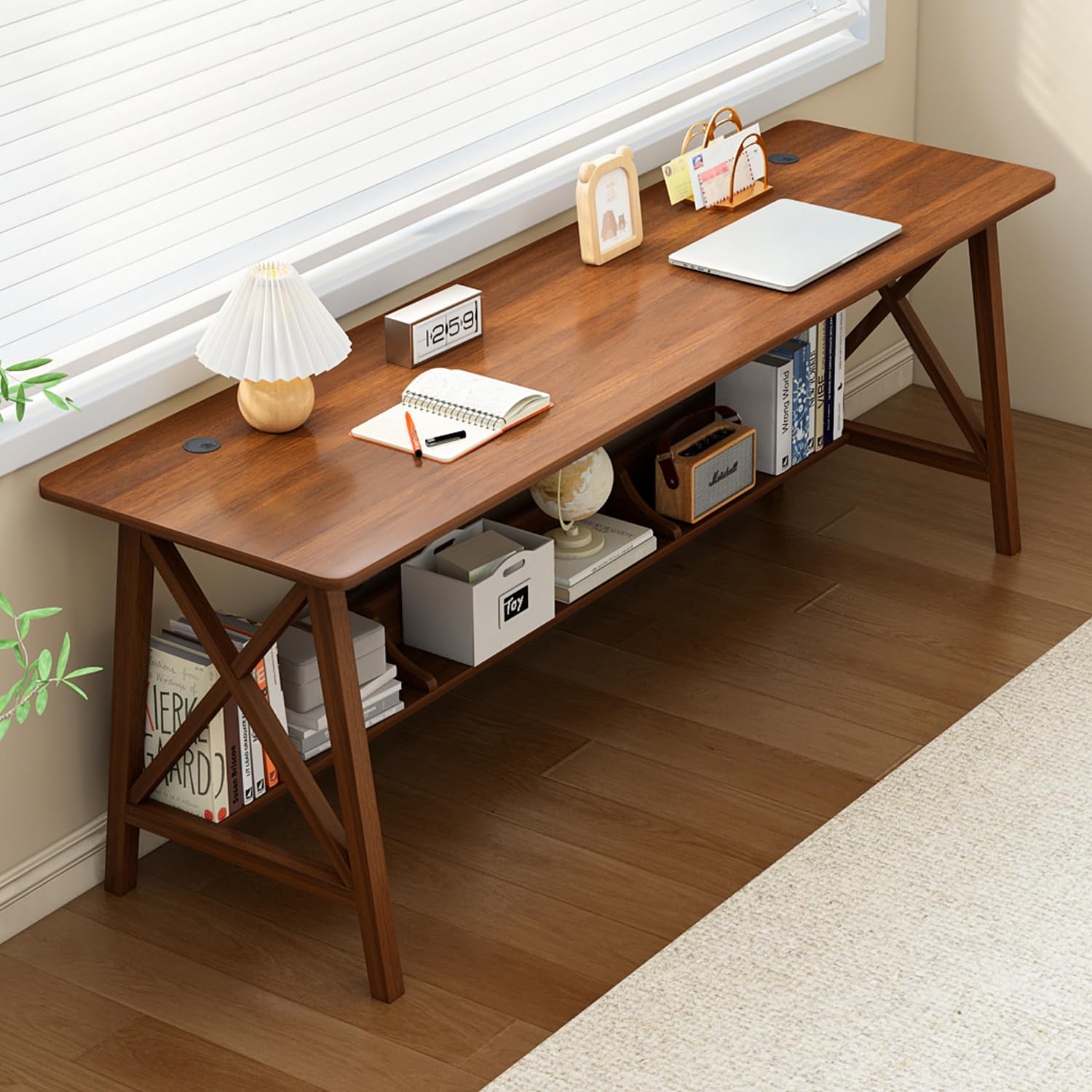 Photo 1 of NELYE Extra Long Desk with Bookshelf - Wooden Home Office Work Study Table, 2-Person Writing Computer Workstation with Storage Shelf in Walnut, 71" Wx20 Dx30 H