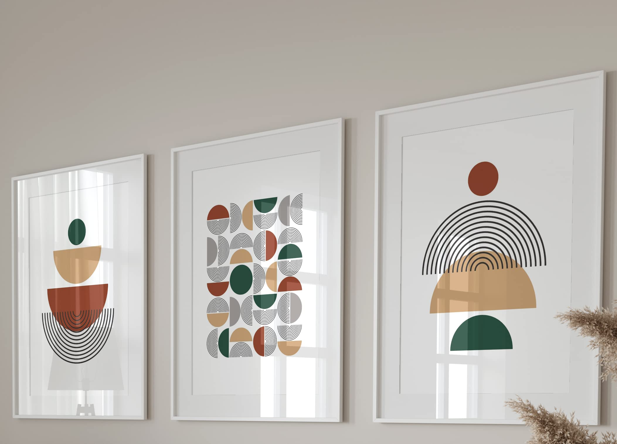 Eviepops Prints Autumnal Geometric Set of 3 Unframed Wall Print, Abstract Geometric Shapes, Home Decor, Mid Century Modern Wall Art, Green Beige Mustard (A3) — image 1