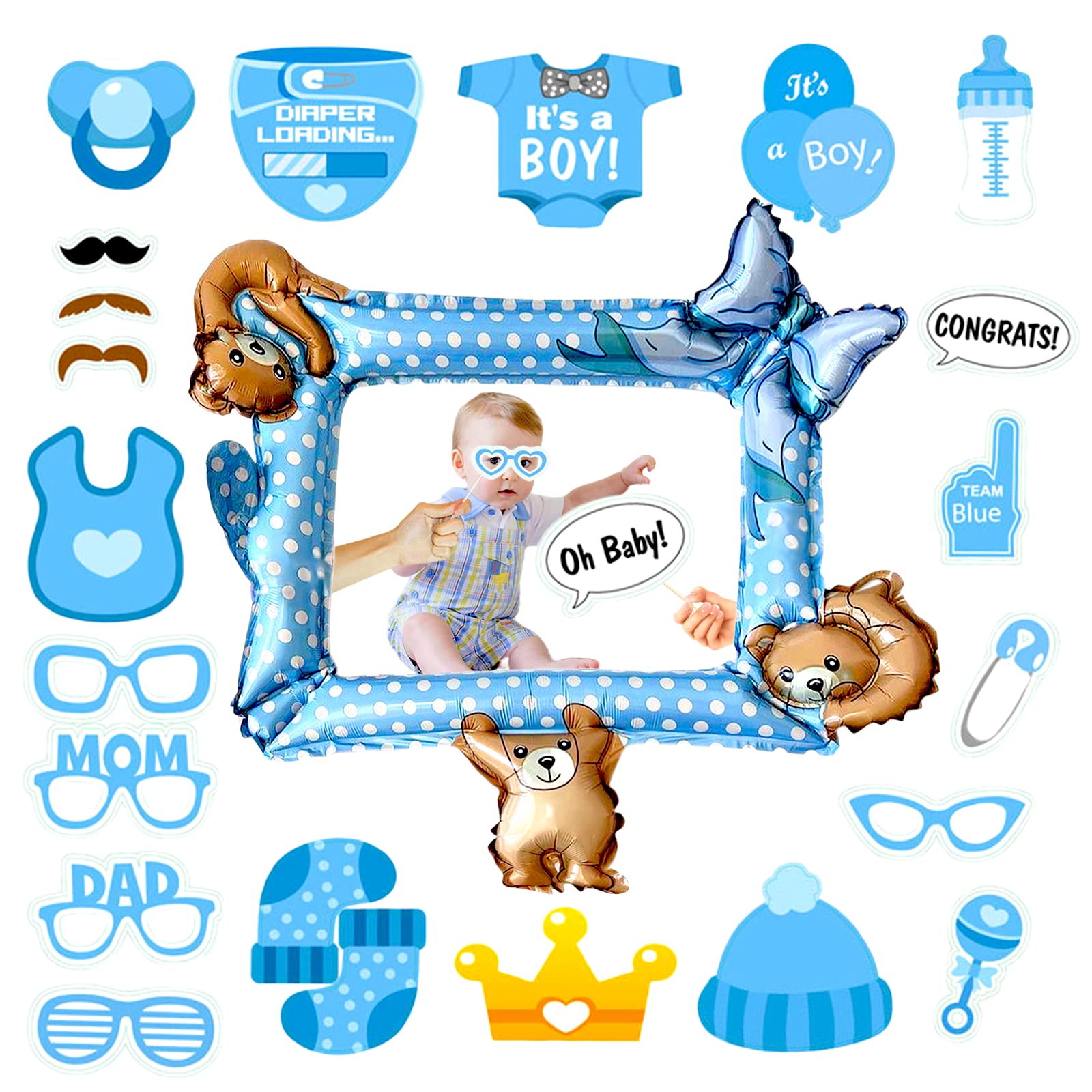 Inflatable Foil Frame with 30Pcs Boy Baby Shower Photo Props for Gender Reveal Party Supplies