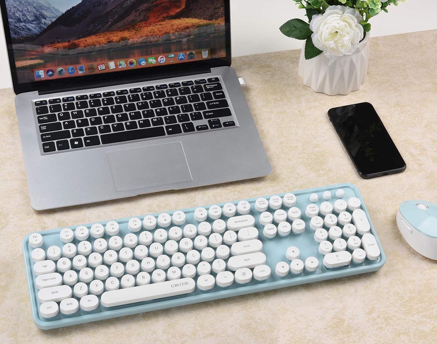UBOTIE Colorful Computer Wireless Keyboard Mouse Combos, Typewriter Flexible Keys Office Full-Sized Keyboard, 2.4GHz Dropout-Free Connection and Optical Mouse (Blue-White): Computers & Accessories