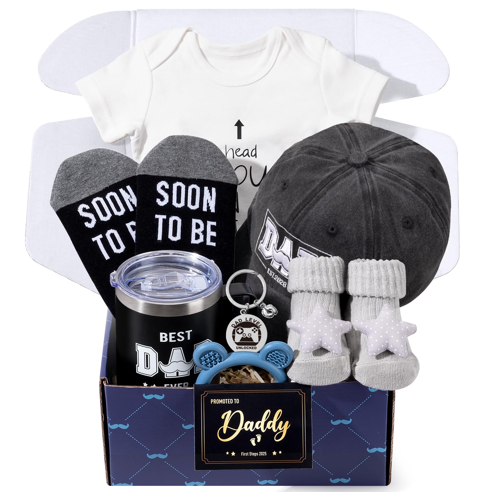 Photo 1 of 2026 New Dad Gifts Box, 9 Pcs First Time Dad Gifts, Dad to Be Gifts for 1st Time with Tumbler Hat Onesie Socks Keychain for Baby Shower?Unique Kit for Soon to Be or Expecting Father