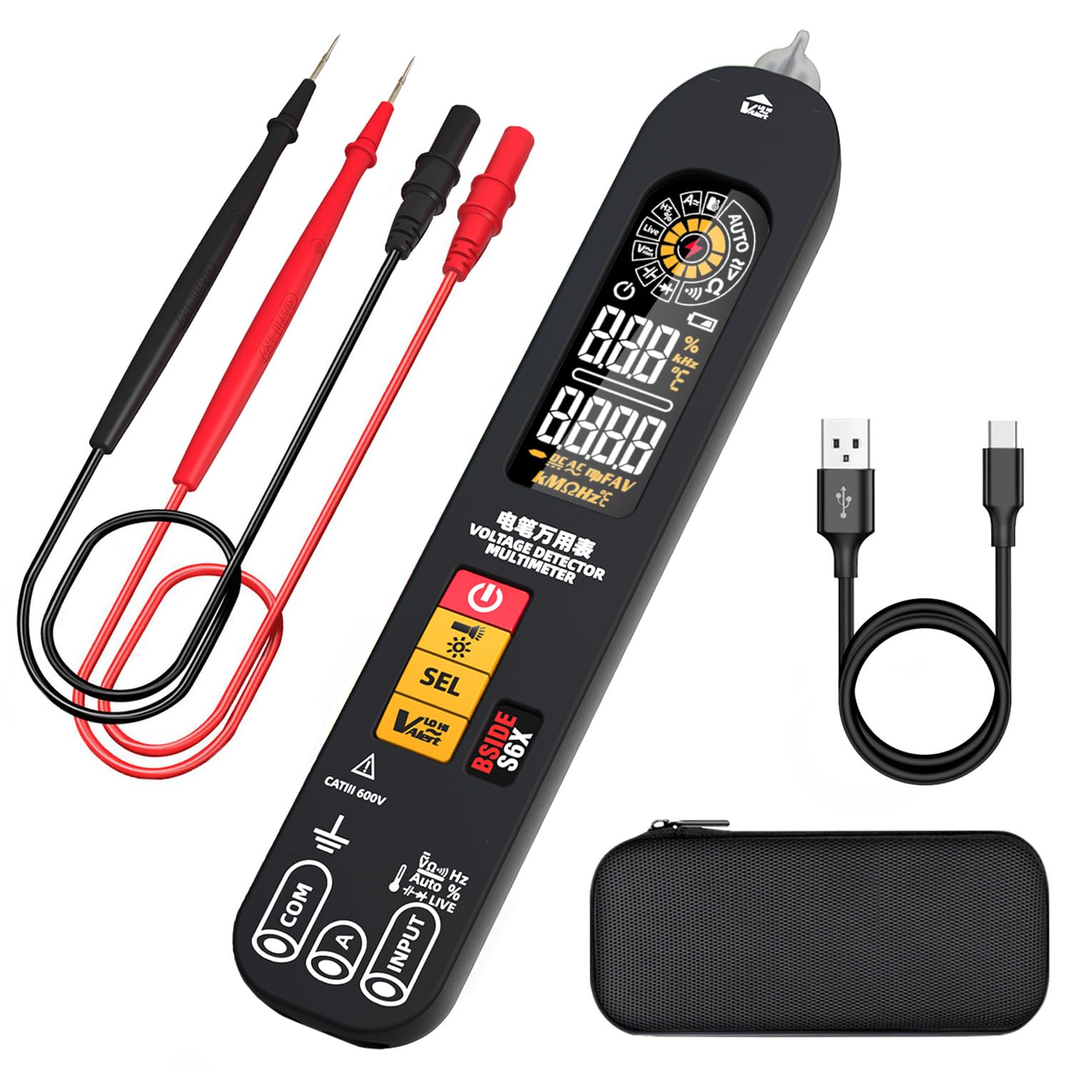 BSIDE S6X Smart Digital Multimeter Rechargeable Non Contact Electrical Tester Pen with Colour LCD ID Pointer Ammeter Voltmeter Capacitance Diode Tester Live Detector VFD Ohm Hz Continuity Tester