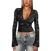Lace Long Sleeve Tops for Women - Sexy Sheer Bell Sleeve Deep V Neck Slim Fit Y2K Crop Top Going Out Shirts 2026