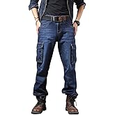 Yeokou Men's Casual Loose Hip Hop Denim Work Pants Jeans with Cargo Pockets