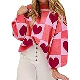 KevaMolly Womens Plus Size Valentines Sweater Lantern Sleeve Sweater Plaid Elegant Baggy Sweaters Pink Pullover Top