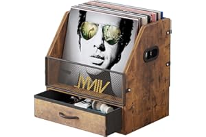 VonDream Vinyl Record Storage Crate with Fabric Drawer, Wooden LP Album Storage Holder for 12" Vinyls, All-in-One Organizer Holds 60 LPs