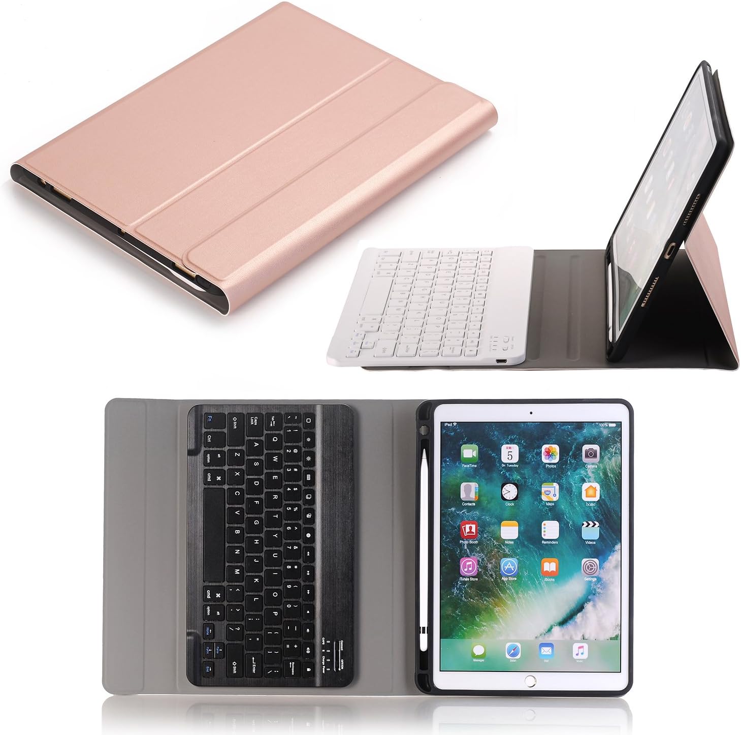 YOUNGFUN iPad Pro 10.5 Case with Wireless Bluetooth Keyboard + Apple Pencil Slot, Detachable/Slim/Leather/Auto Sleep&Awake Tablet Smart Cover for Apple 2017 iPad Pro 10.5(A1701,A1709) (Rose Gold)