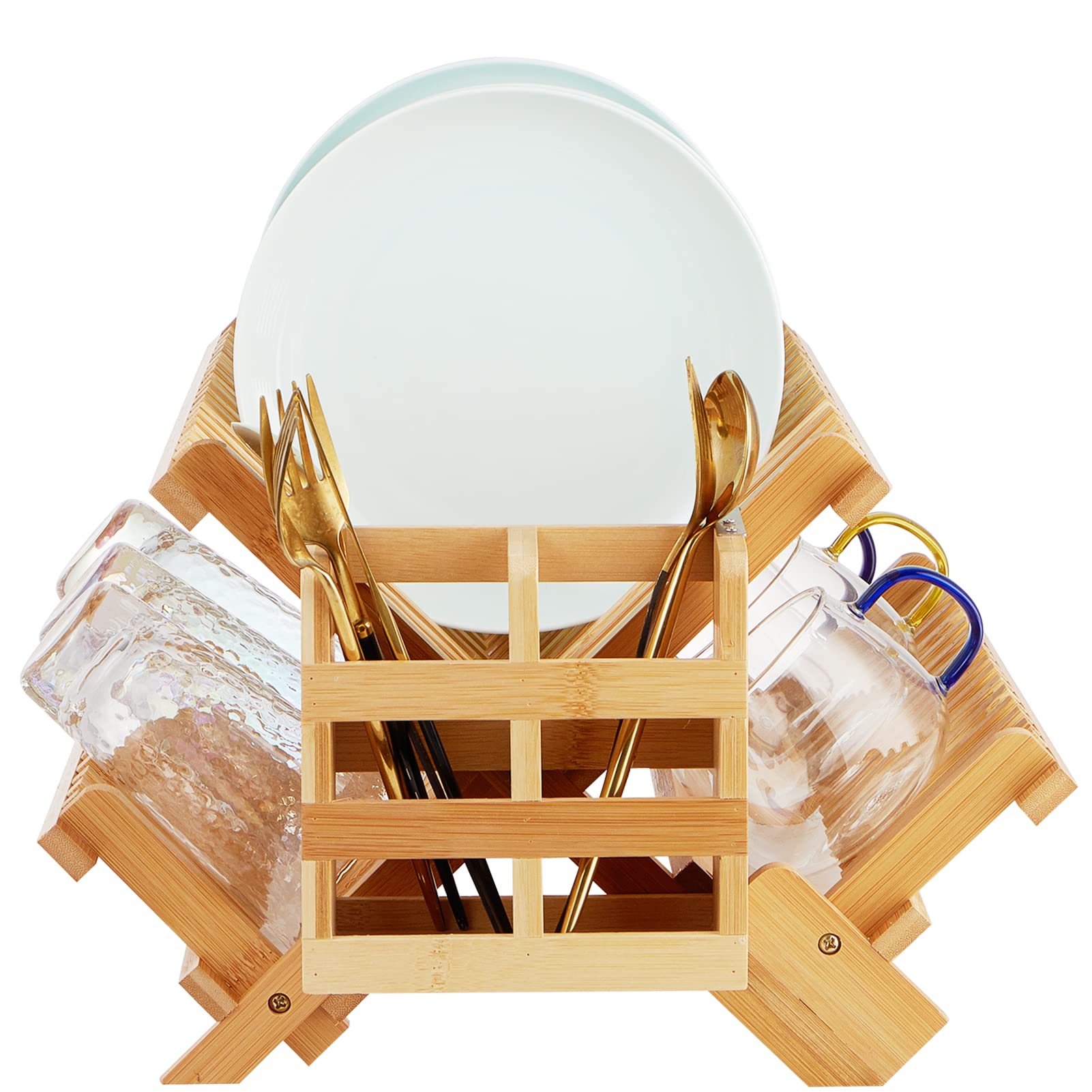Photo 1 of Worthyeah Bamboo Dish Drying Rack, 3-Tier Collapsible Wooden Dish Rack with Utensil Holder, Bamboo Dish Drainer Rack for Kitchen Counter 25pcs