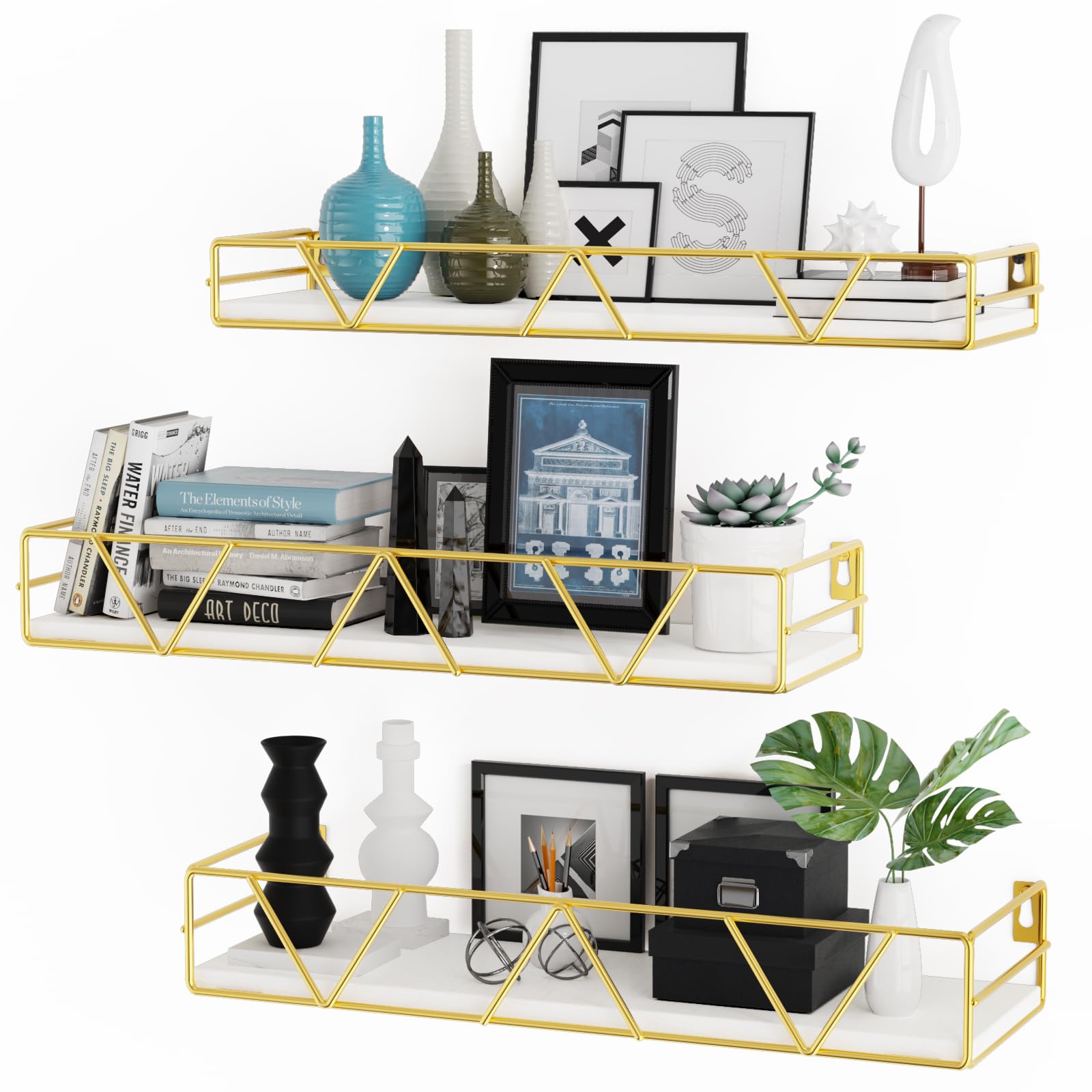 Amaoot Floating Shelves Set of 3, Home Wood Wall Shelf, Farmhouse Shelf for Bedroom, Wall Mounted Floating Shelf for Living Room, Bedroom, Bathroom, Kitchen, Office (Gold)