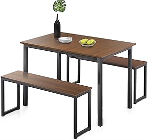 Homury Modern Studio Soho Dining Table with Two Benches 3 Piece Set,Brown