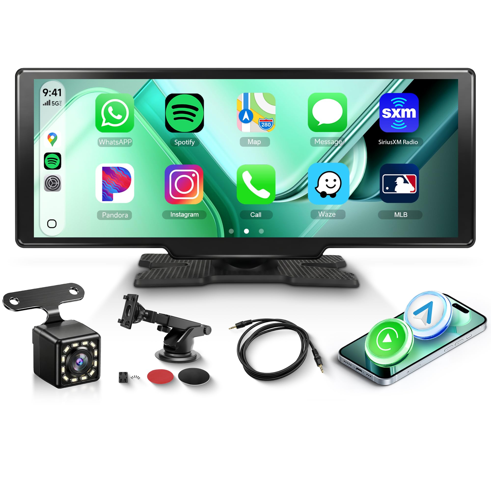 Portable Car Stereo with Wireless Carplay Android Auto, Rimoody 10.26 inch Touchscreen Portable Car Play Screen with Siri Transmission Bluetooth Rear Backup Camera Voice Control TF Card 9V-36V