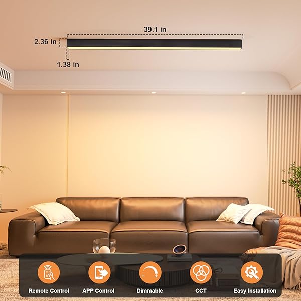 MODERN LED CEILING LIGHT WITH REMOTE, BLACK DIMMABLE CLOSE TO CEILING LAMP FIXTURES, 30W CCT (2700K-6000K), SMART LINEAR CEILING LIGHTS FOR LIVING ROOM BEDROOM OFFICE HALLWAY KITCHEN(39.1INCH/3.26FT)
