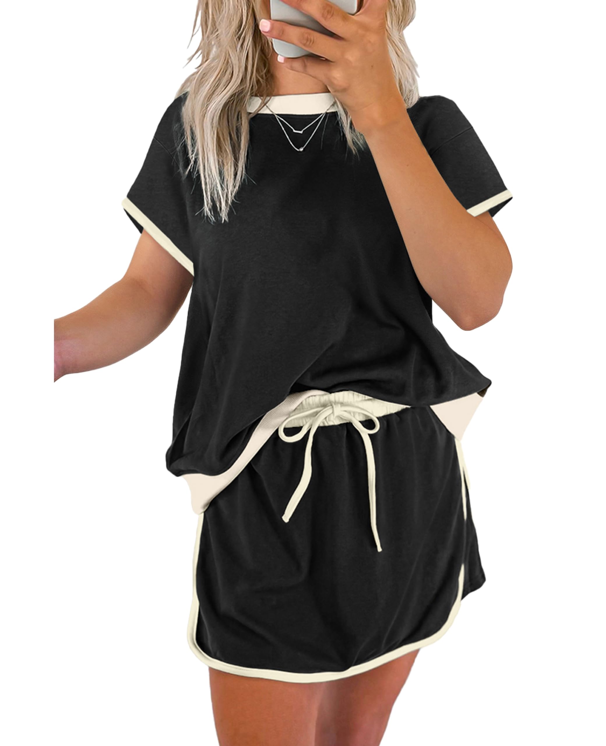 Photo 1 of SELINK Lounge Sets for Women 2 Piece Skirt Colorblock Drop Shoulder T Shirt and Skort Set Summer Tracksuits Black-L