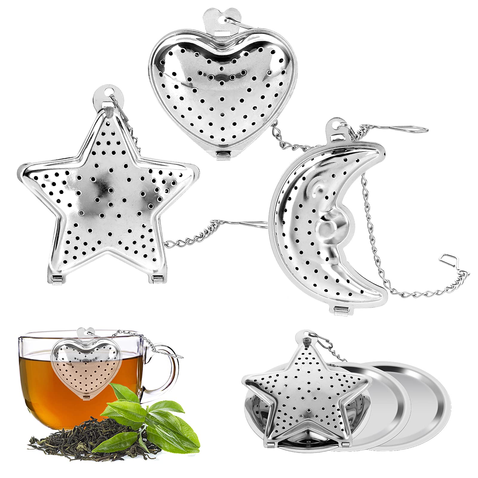 ASTER 3Pcs Tea Strainer for Loose Tea, 304 Stainless Steel Loose Tea Infuser with Extended Chain Tea Filters for Loose Leaf Tea Great Gift for Tea Lovers with 3Pcs Tea Infuser Tray