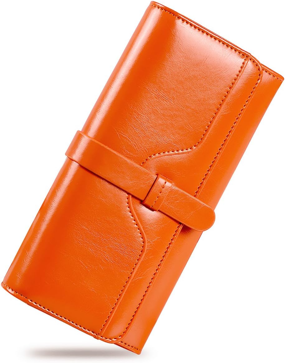 Women Wallet RFID Blocking Leather Trifold Clutch Large Ladies Purse Card Holder (Orange)
