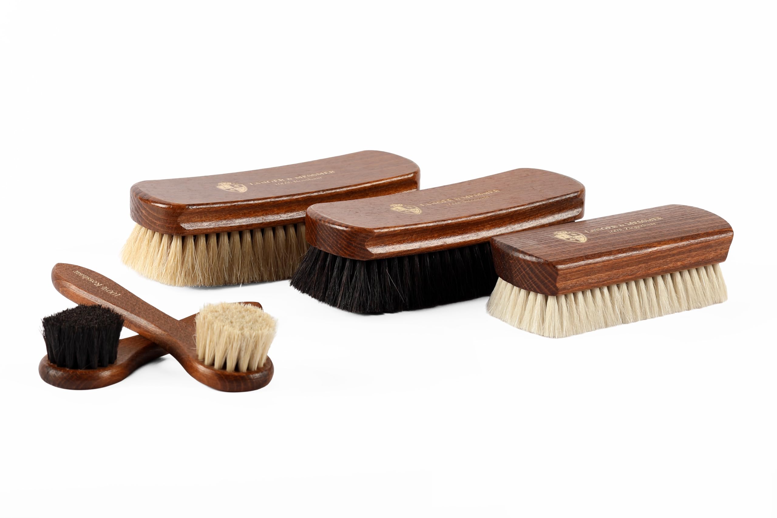 Langer & Messmer horsehair shoe brush set for professional shoe care of smooth leather shoes – includes polishing brushes and cream brushes – shoemaker-quality shoe brushes - 5 pieces