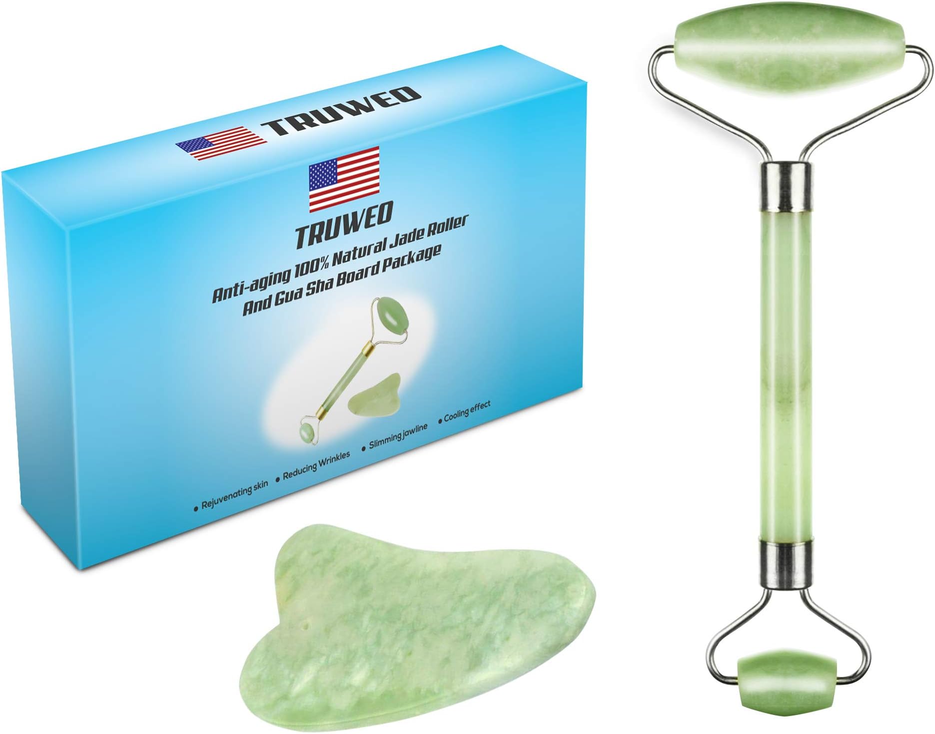 Jade Roller and Gua Sha Scraping Massage Tool - Himalayan Anti-aging 100% Natural Facial Jade Stone Set - Face Eye Neck Beauty Roller For Slimming and Firming - Rejuvenate Skin and Remove Wrinkles
