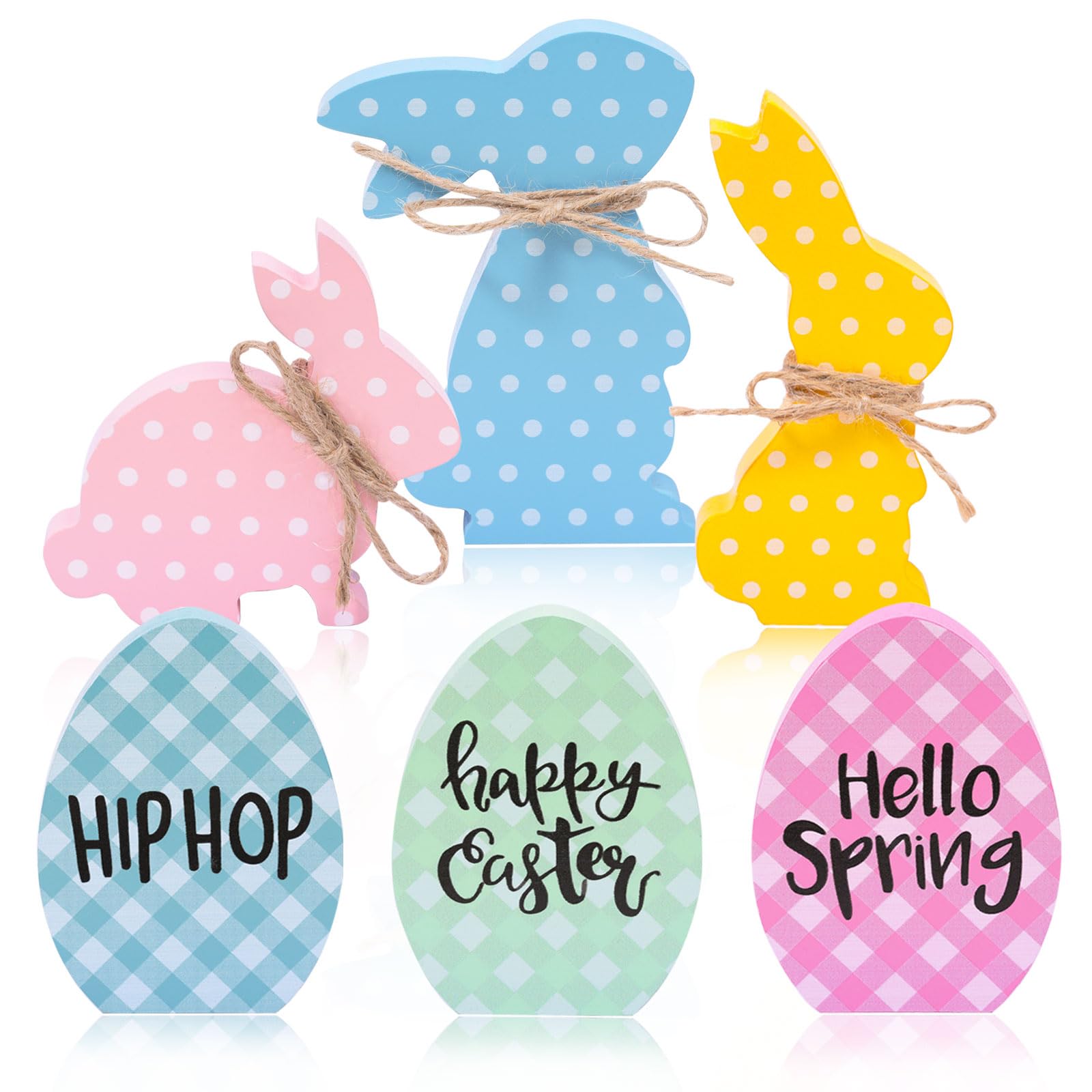 6Pcs Easter Bunny Decorations, Wooden Rabbit Egg Shaped Tabletop Centerpieces Table Signs with Rope Farmhouse Spring Easter Decor for Home Office Dining Room