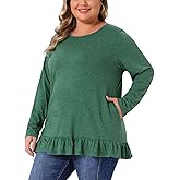 Agnes Orinda Plus Size Tunic Tops for Women Crew Neck Long Sleeve Ruffled Hem Long Flowy Shirts for Leggings