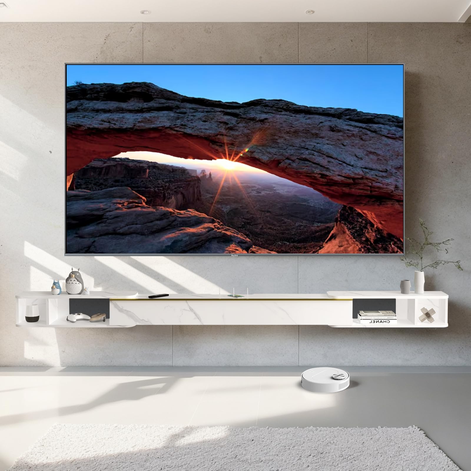 Photo 1 of FACTORY SEAL---Pmnianhua Retractable Length Floating TV Stand,Minimalist Floating TV Shelf,Wall Mounted TV Console,Adjustable 87'' to 122'' Floating Entertainment Center with Storage for Bedroom Living Room(White)