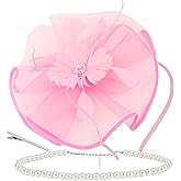 BAHABY Big Fascinators Hats for Women with Pearl Necklace Set, Tea Party Hat with Headband and Clip