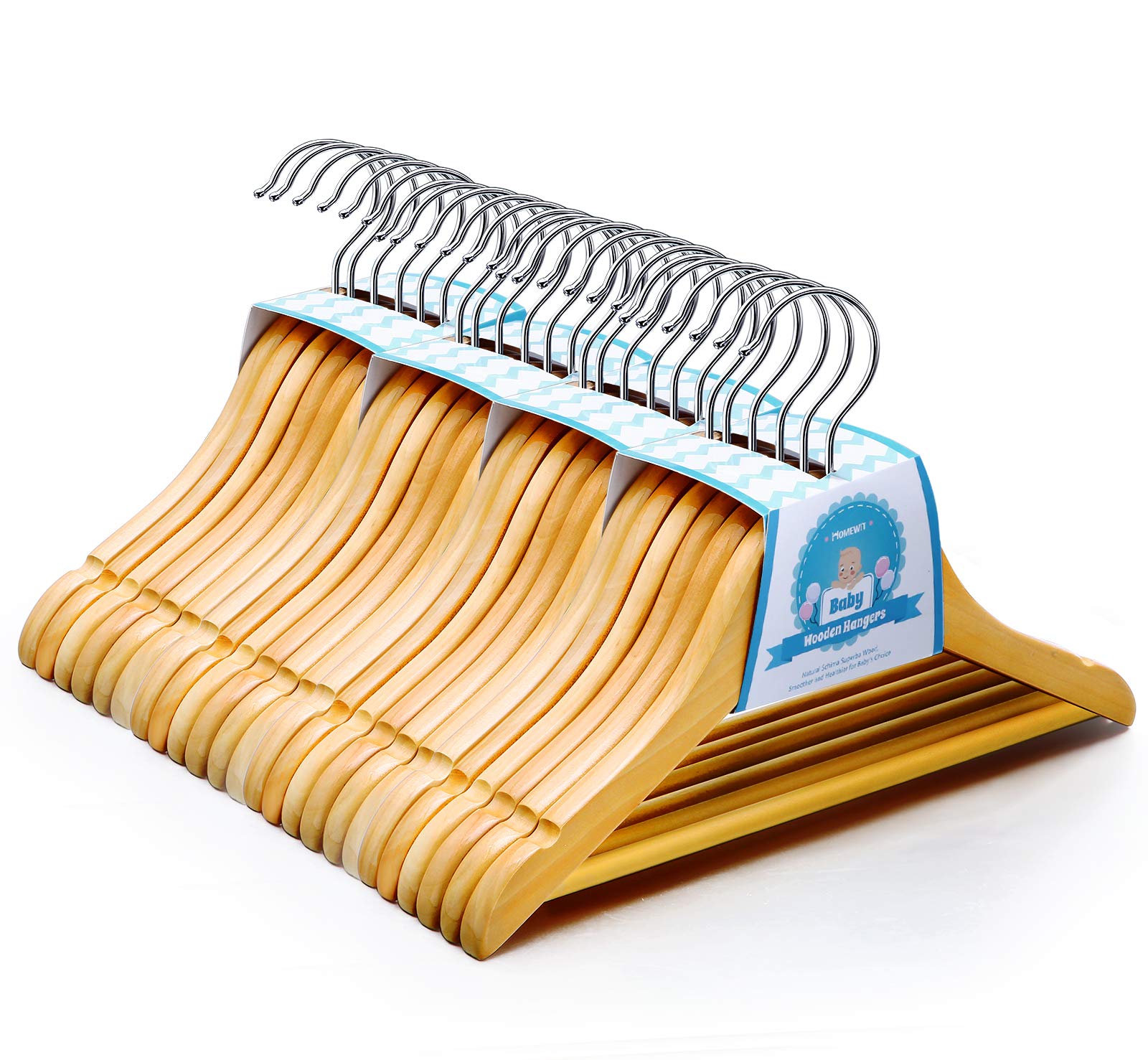 Homewit 24 Pack Wooden Children's Hangers, 30cm Baby Hangers, Kids Hangers with 360° Swivel Hooks, Non-Slip Coat Hangers for Toddler Clothing (Natural)