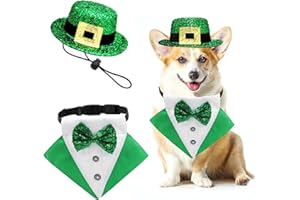 MIDUFRRY 2 PCS St. Patrick's Day Costume Dog Bandana Collar and Pet Top Hat Buckle Green Dog Bow Tie Formal Tux Clothes with D-Ring Irish Tuxedo Saint Patrick Outfits for Dogs Puppy Cat Party Dress (Small)