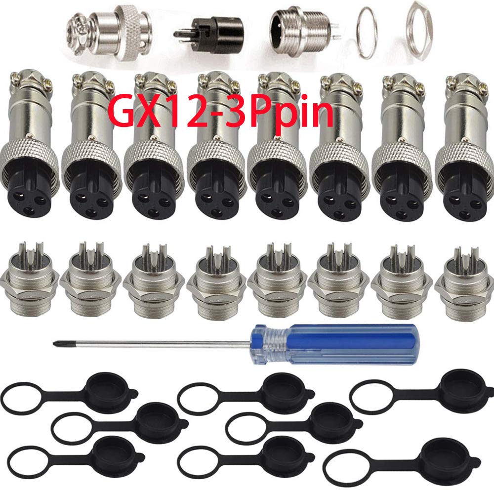 RUNCCI-YUN 8Pcs GX12-3Pin Aviation Connector Plug Adapter, 5A 12MM Thread Male Female Metal Panel Aviation Wire Connector Kit, with Rubber Protector Cap and Phillips Screwdriver