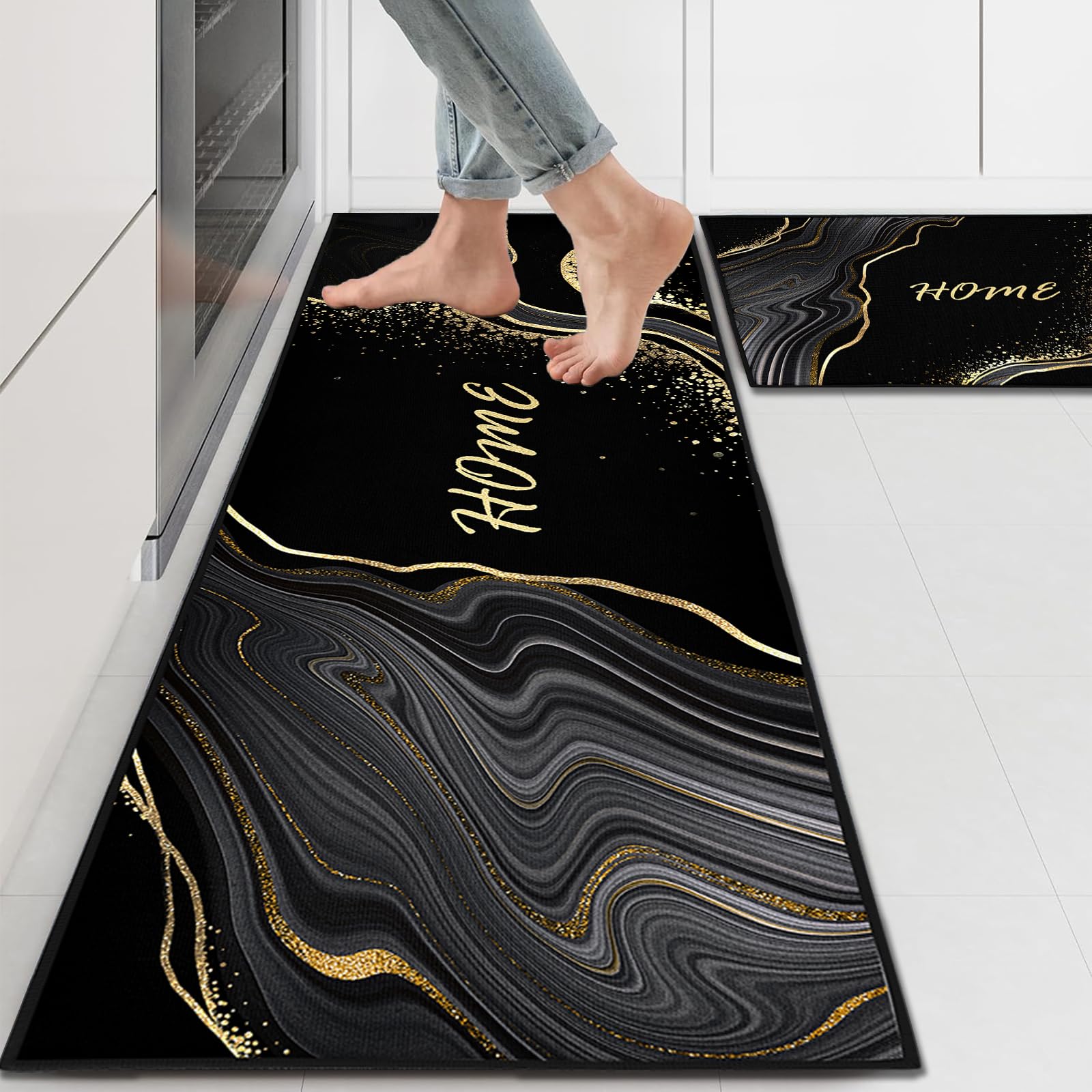 Black Kitchen Rugs and Mats Sets of 2 Pieces Funny Kitchen Decoration Non Slip Super Absorbent Kitchen Mat Runner Rug for Sink,Hallway,Laundry Room (Golden marble, 40x120cm+40x60cm) — image 1