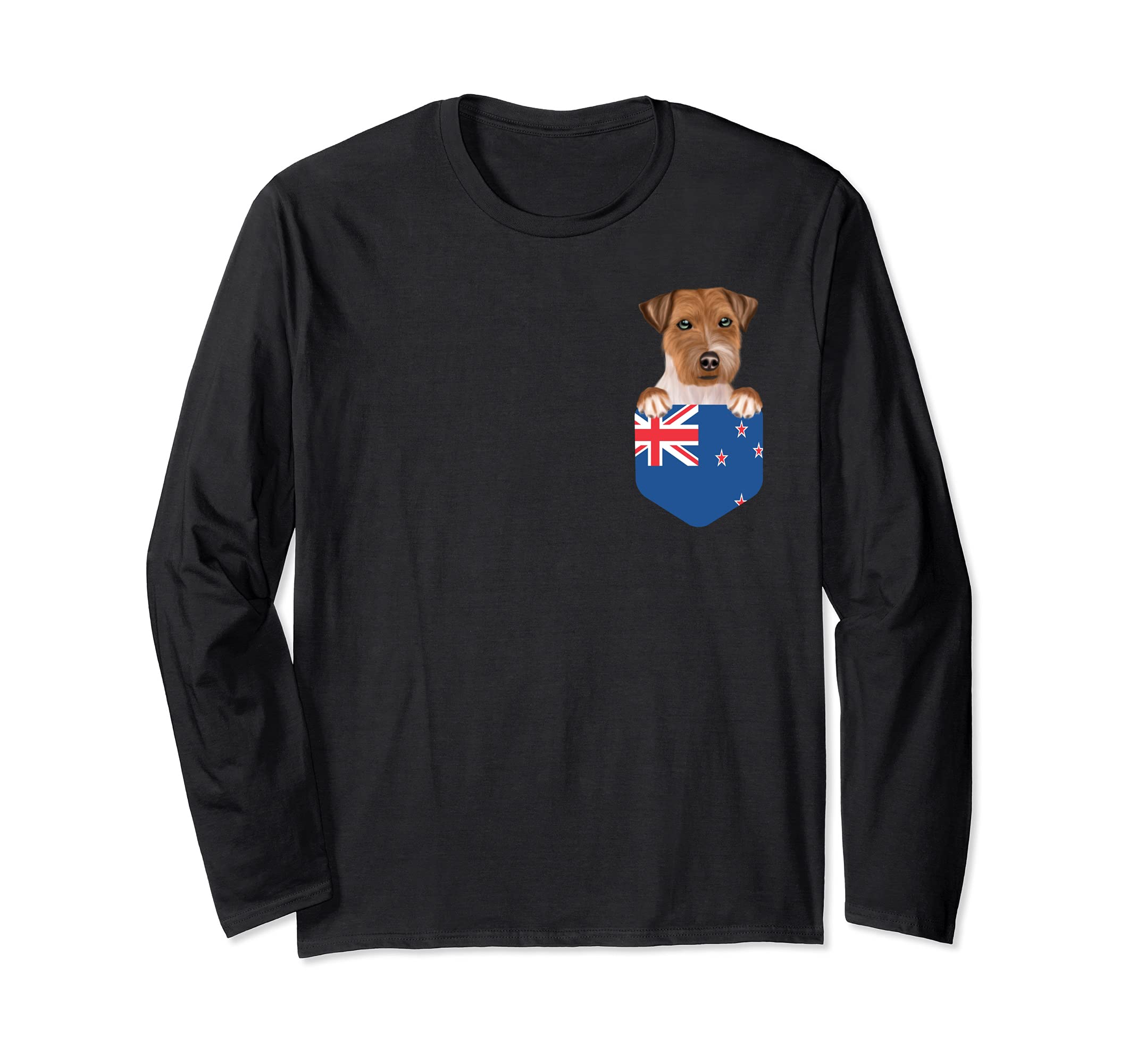 New Zealand Flag Russell Terrier Dog In Pocket Long Sleeve T-Shirt