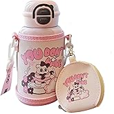 Yenergy 17 Oz Cute Water Bottle with Sleeve and Strap, Kids Insulated Stainless Bottle with Lip and Straw, Leak Proof & Anti-Mislock, Ideal Gift for Children Birthday(500ml, Pink)