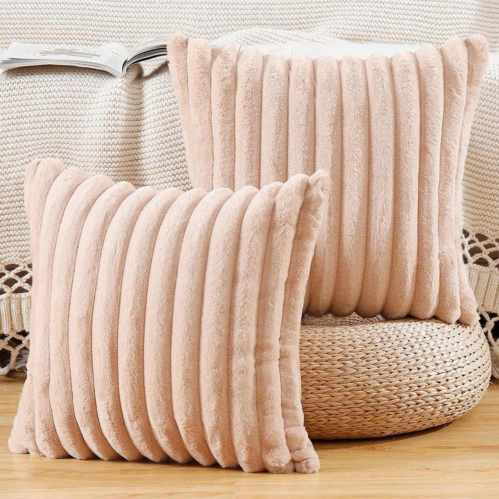 Madizz Set of 2 Faux Fur Decorative Cushion Covers 22x22 inch, 55x55 cm, Light Brown Soft Couch Throw Pillows for Bed Modern Pillowcases for Sofa Livingroom Home Decor — image 1