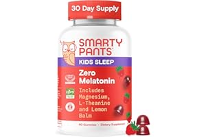 SmartyPants Kids Sleep Gummies Supplement Zero Melatonin: L Theanine, Lemon Balm & Magnesium, Sleep Aid, Strawberry Flavor, 60 Count