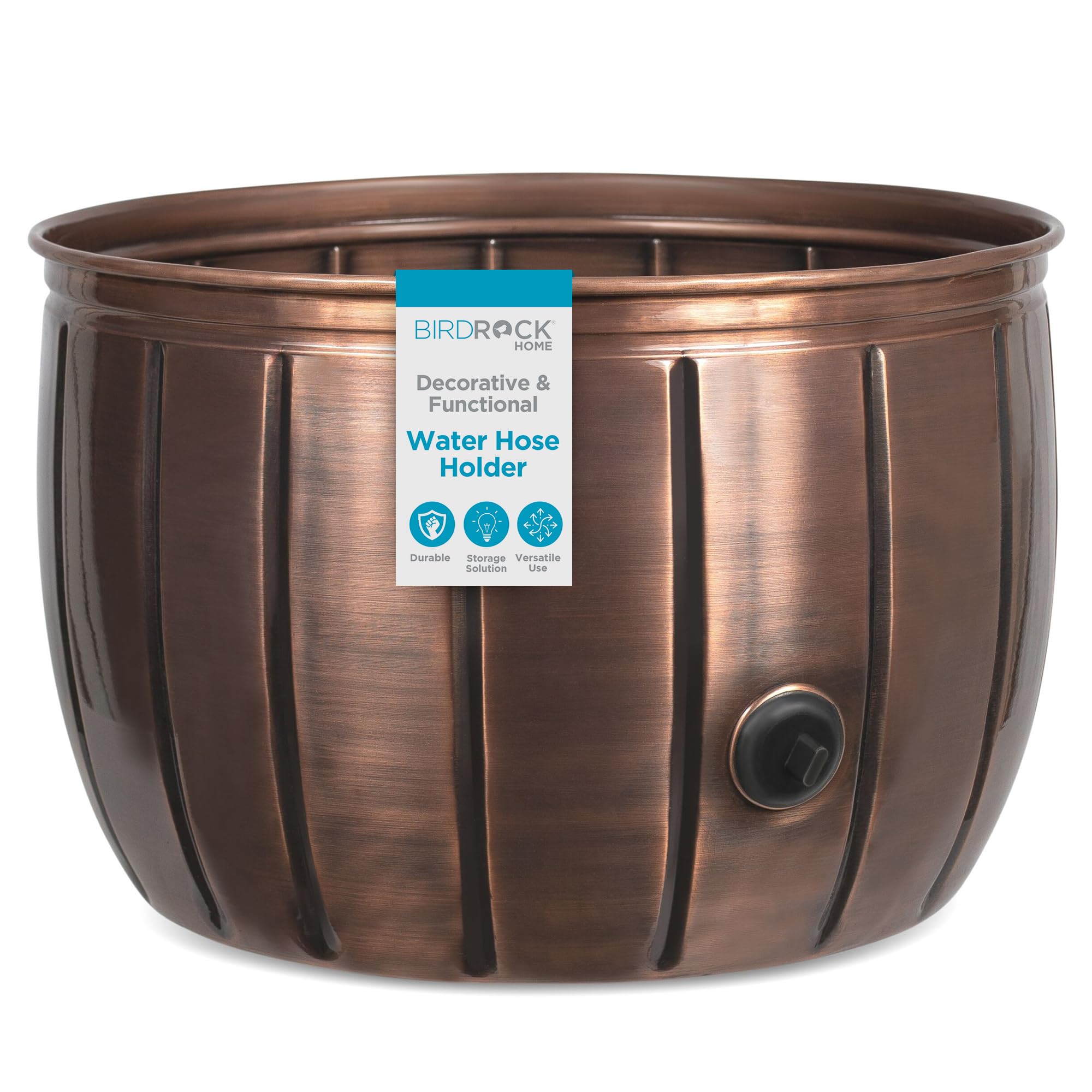 BIRDROCK HOME Water Hose Holder - Decorative Metal Pot, Indoor or Outdoor, Garden Storage Organizer, Patio Portable Bucket - Antique Copper, Holds up to 100ft Hoses, Medium No Lid Image