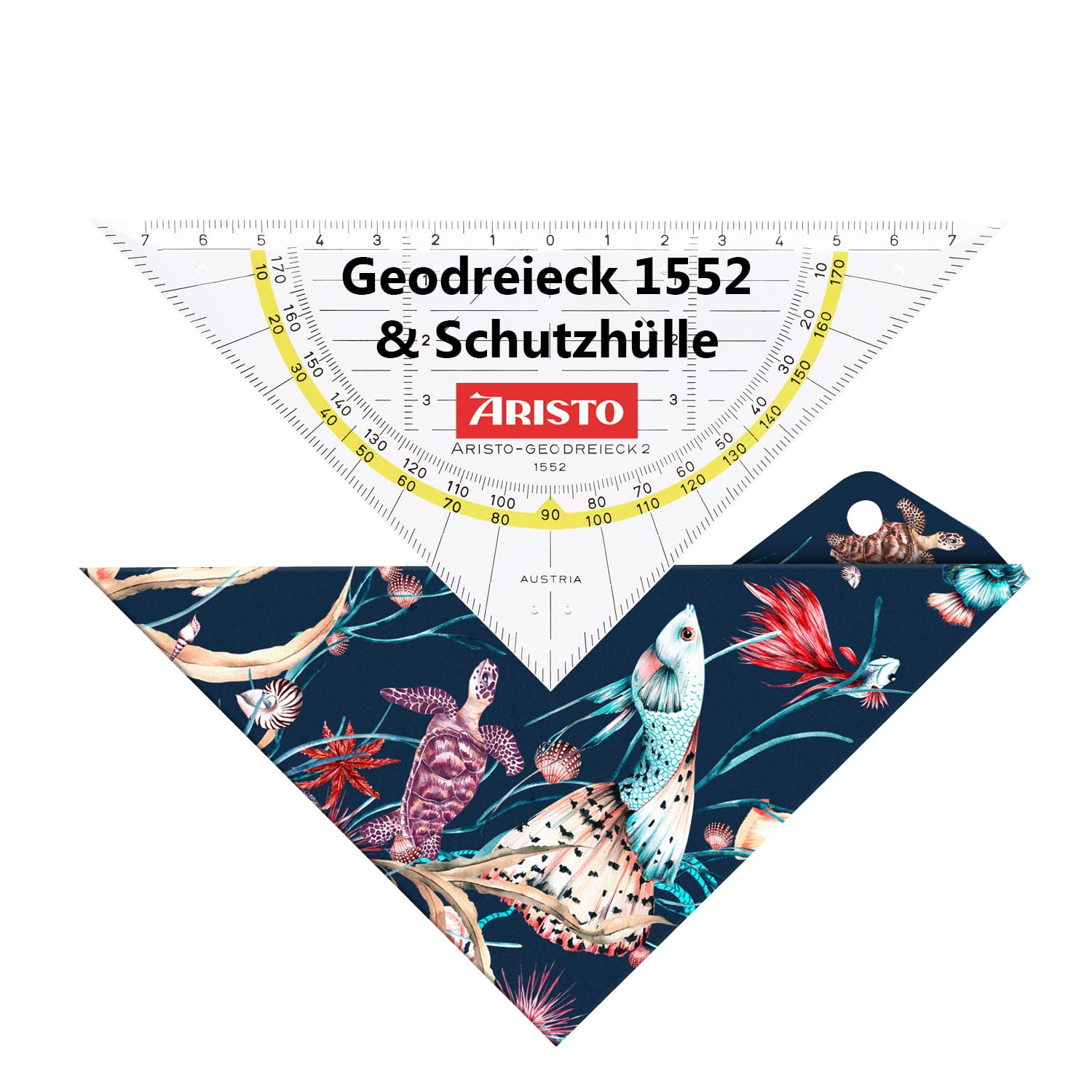Aristo AR18002B Set Square AR1552 with Matching Geocover Protective Cover Marine Life (Triangle Hypotenuse 16 cm, Ink Nubs and Facets, Cover with Holes for Filing) Multi-Coloured and Transparent