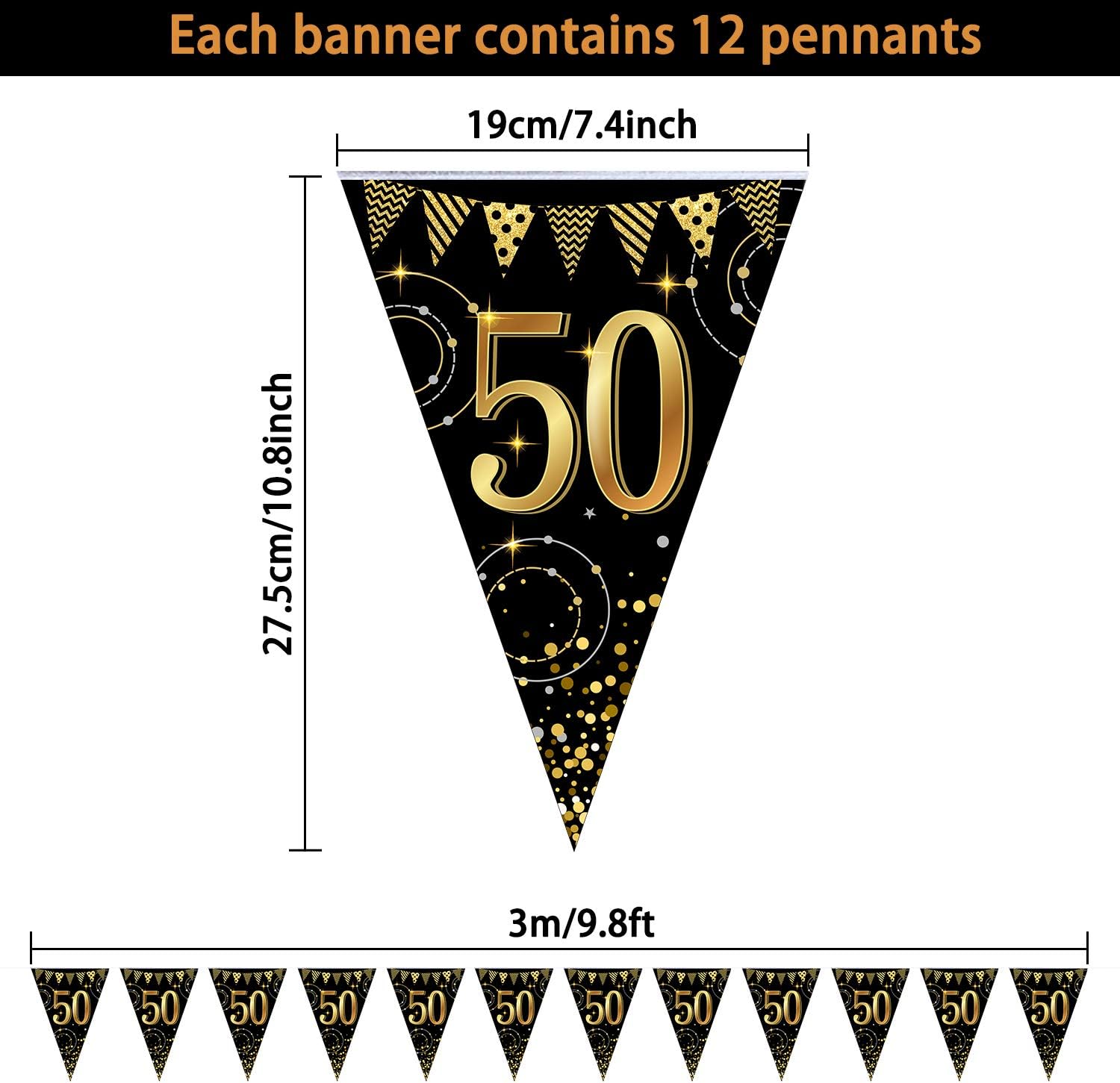 Frienda 5 Pcs Happy 50th Birthday Banner Bunting Flags Gold and Black Glitter 50th Birthday Anniversary Party Decoration Supplies - Image 3