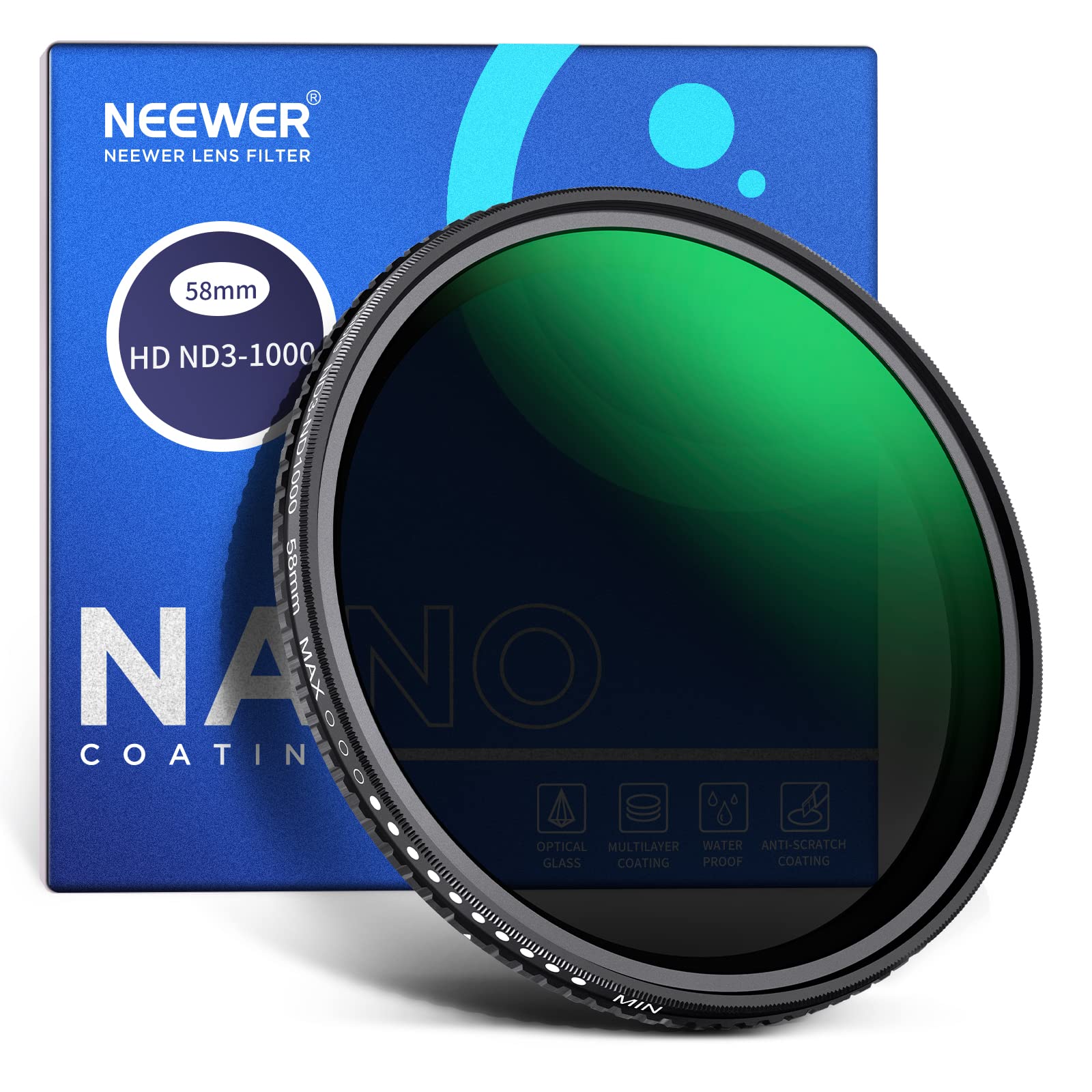 NEEWER 58mm Variable ND Filter ND3-ND1000, 1.5-10 Limited Stops Neutral Density Filter with HD Optical Glass & Double Sided 30 Layer Nano Coatings, Water Repellent/Scratch Resistant/Aluminum Frame