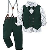 YALLET Boy Clothes Suits, Formal Dress Shirt with Bowtie+Vest+Suspender Pants Big Kid Gentleman Wedding Outfits 6-10 Years