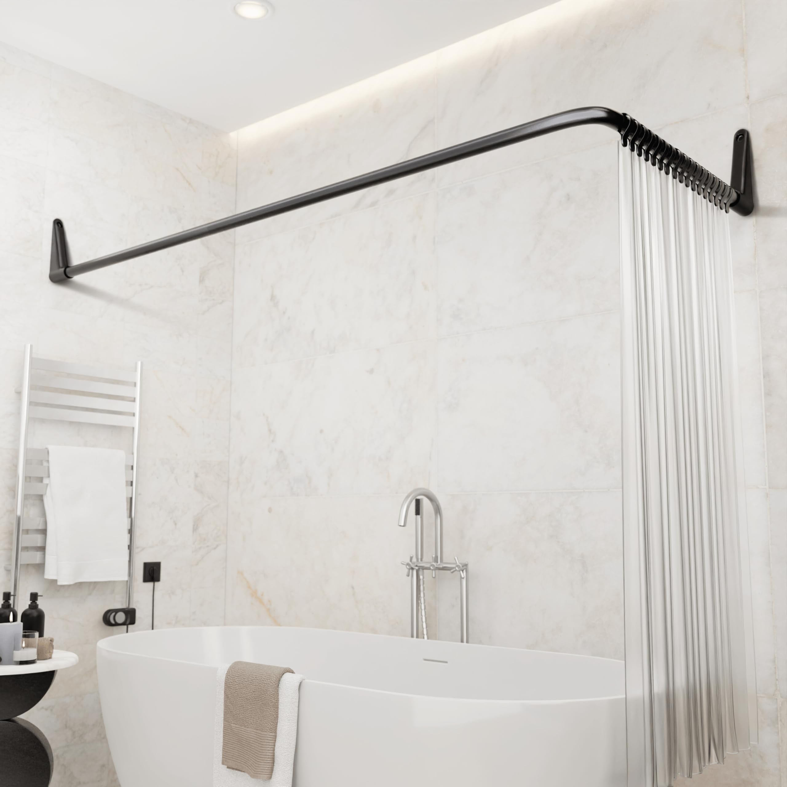 Erica Shower Curtain Rail for Bathtubs, L-Shaped Shower Curtain Pole in three varations 70x90cm / 70x160 cm / 90x140 cm, Wall Mounted Shower Pole, Curved Shower Rail, Black Powder Coated Steel