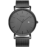 BUREI Men Watches Brown Leather Fashion Minimalist Wrist Watch Simple Ultra Thin Waterproof Quartz Watches All Black Stainless Steel Mesh Band,Gift for Men Women