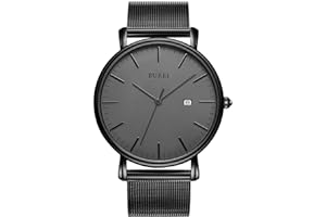 BUREI Men Watches Brown Leather Fashion Minimalist Wrist Watch Simple Ultra Thin Waterproof Quartz Watches All Black Stainless Steel Mesh Band,Gift for Men Women