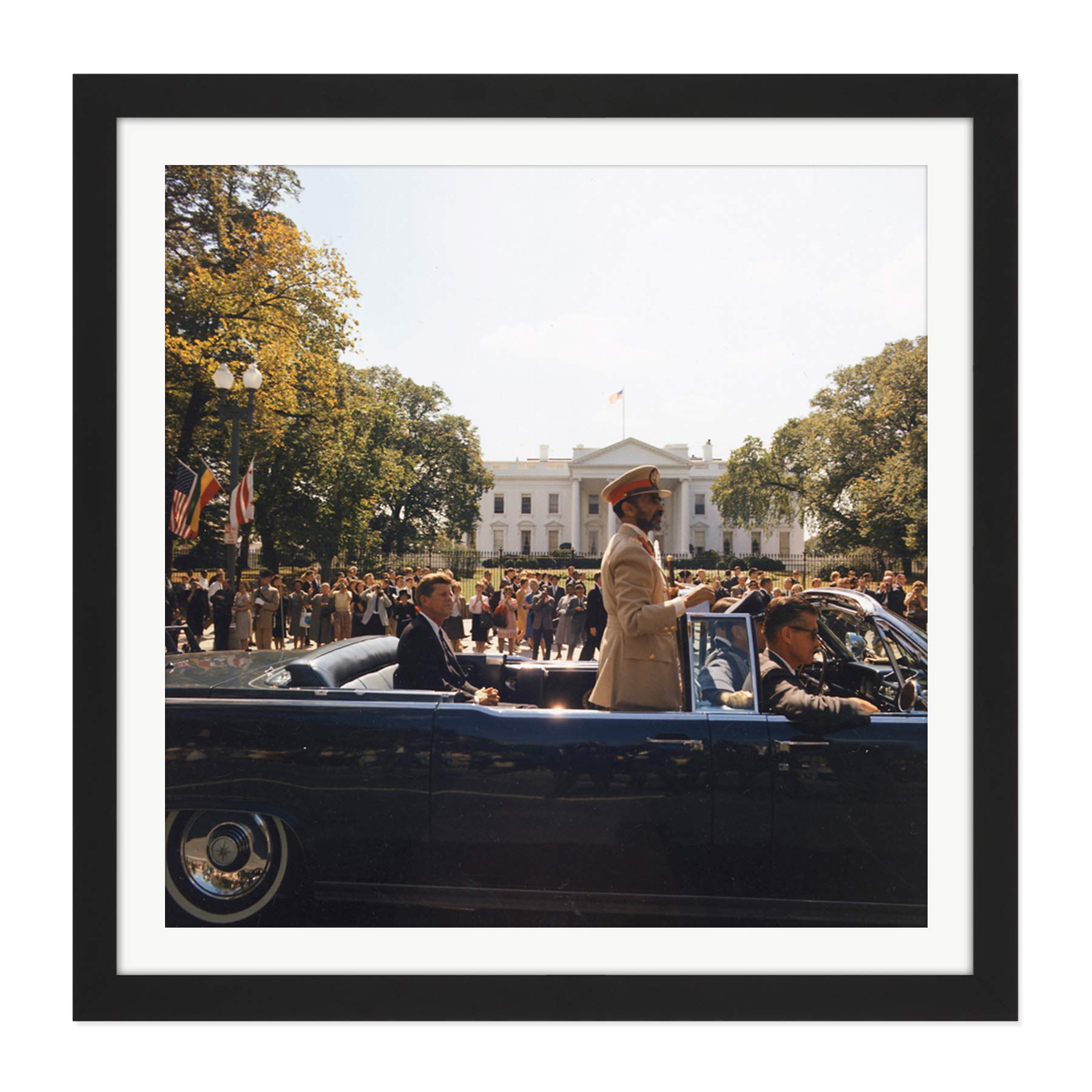 Parade JFK Kennedy Emperor Haile Selassie Photo Square Wooden Framed Wall Art Print Picture 16X16 Inch