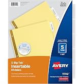 Avery&reg; Paper Dividers, Insertable Big Tab&trade;, 5-Tab, Clear, 1 Set | For Organizing Files and Reports, Printable Buff Paper Dividers, Gold-Reinforced Holes, Works With Avery Templates