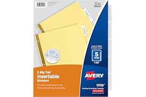 Avery Insertable Dividers for 3 Ring Binder, 5-Tab Set, Clear Big Tabs, Buff Paper with Gold-Reinforced, 1 Set, Great for Organizing Projects, Reports, Finances, and More (11110)