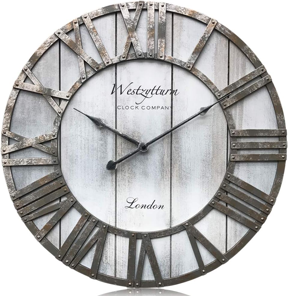 Amazon Com Westzytturm Grey Wood Wall Clock 18 Inch Battery Operated Roman Numeral Rustic Farmhouse Vintage Large Decorative Wall Clocks For Living Room Decor Kitchen Office Bedrooms Grey 18 Kitchen Dining