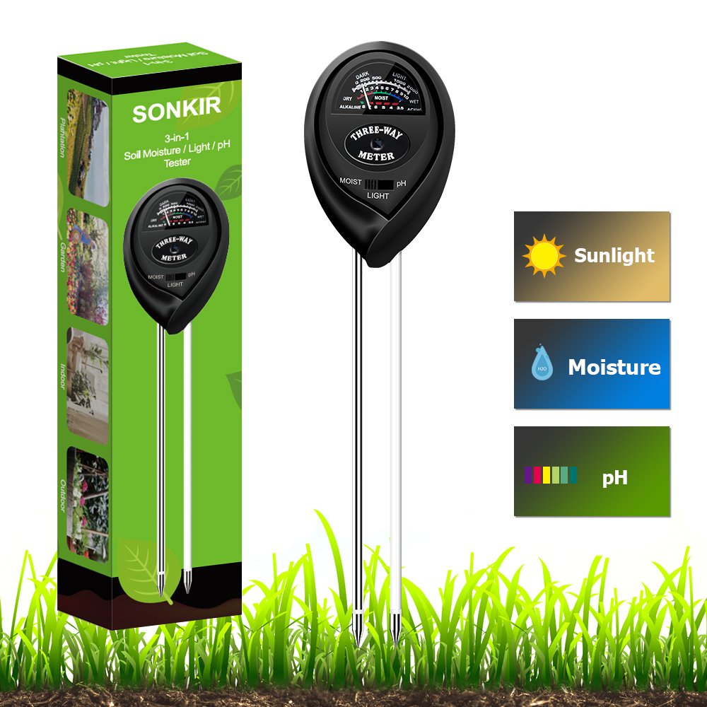 Sonkir Soil Tester, MS03 3-in-1 Plant Moisture Sensor Meter/Light/pH Tester for Home, Garden, Lawn, Farm, Indoor & Outdoor Use, Promote Plants Healthy Growth (Black)